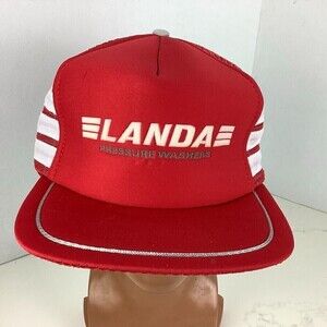 Vintage Landa Pressure Washers Trucker Snapback Hat Three Stripe Red/White Mesh